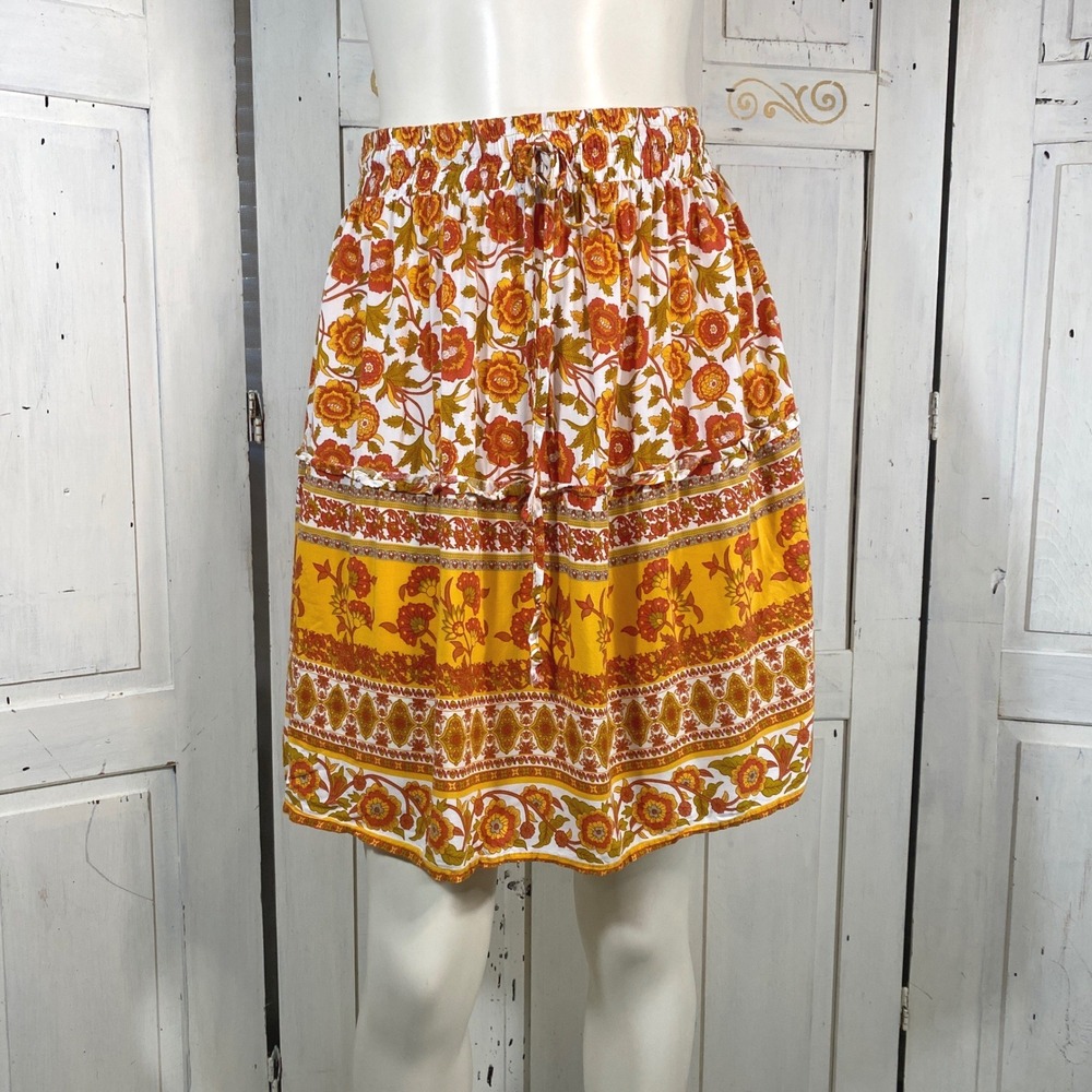 Boho Floral 100% Cotton Mini Skirt Orange Yellow Tiered Drawstring Small - Picture 2 of 7